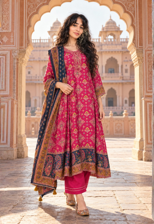 Cerise and navy stonework salwar kameez with pants