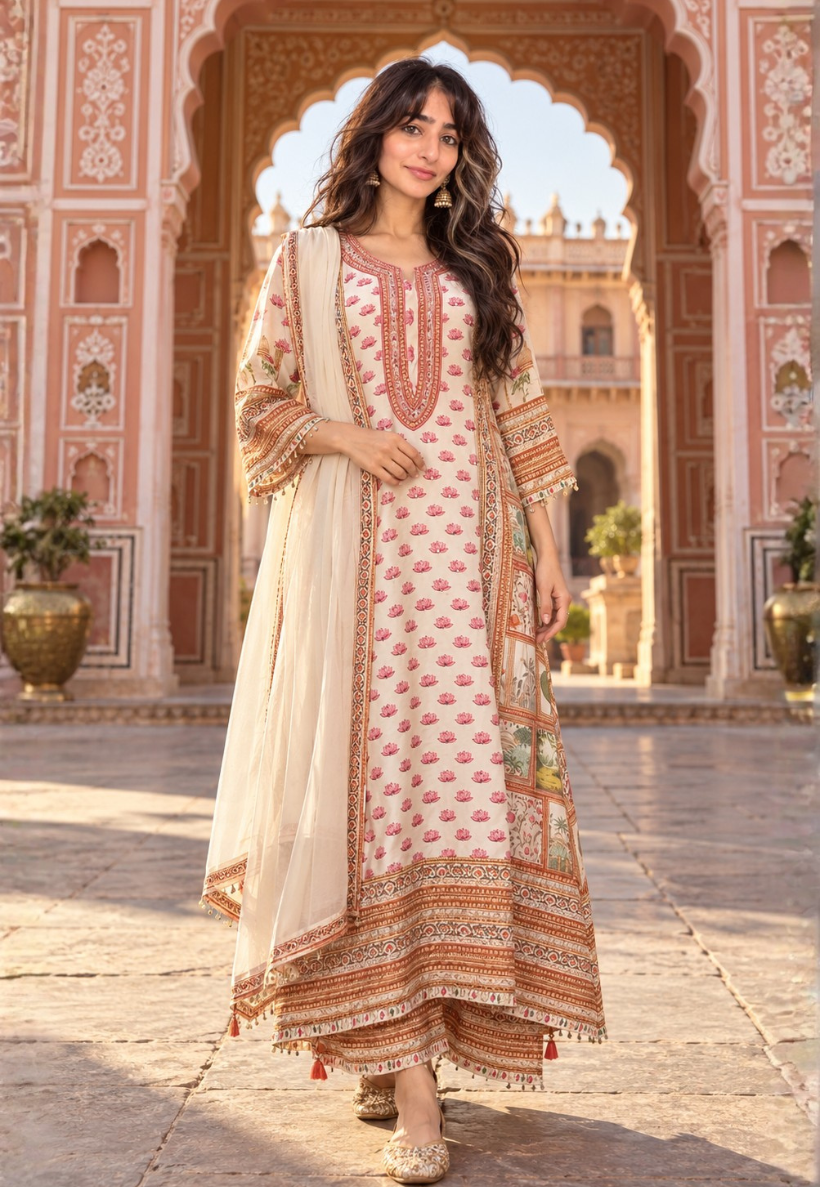 Cream and pink stonework salwar kameez with pants