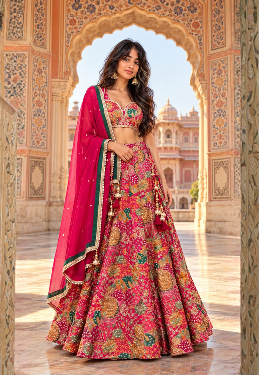 Multi-coloured rani pink lengha featuring dense embroidery, sequins, bead and mirrorwork with matching blouse