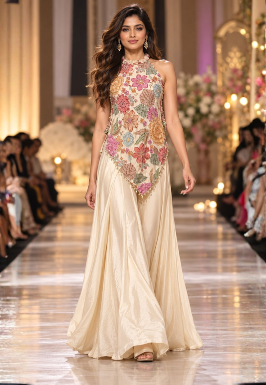 Rich cream Indo Western outfit with intricate bead and sequins top