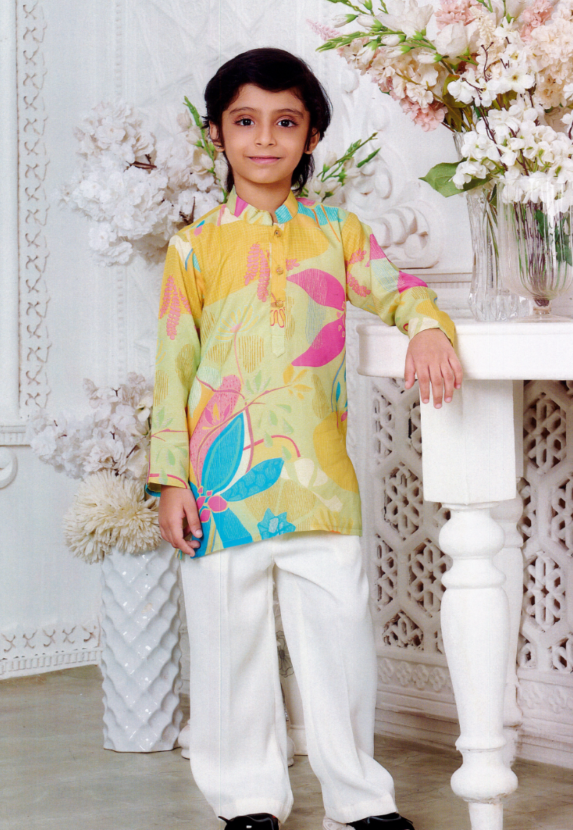 Boys kurta set with cream pants and pastel shade floral top