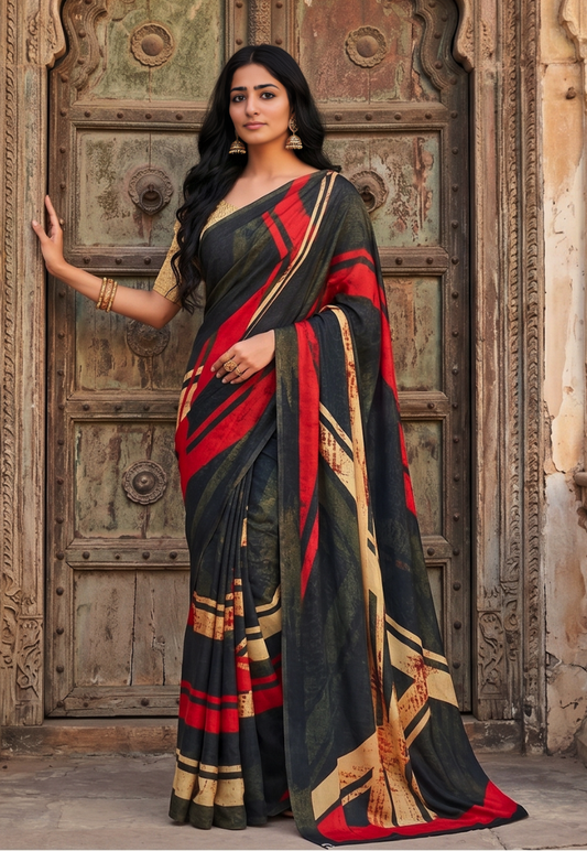 Shades of orange, brown, cream and olive crepe saree with geometric pattern