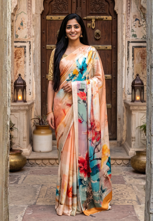 Light peach crepe saree with large floral digital prints in bright shades