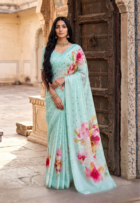 Pale mint green chiffon silk saree with large petal  flowers in soft shades of peach, orange and deep pink