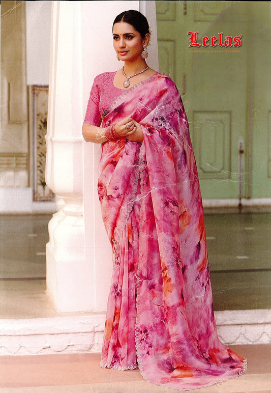 Pink floral tissue silk saree, stonework border with contrasting blouse piece