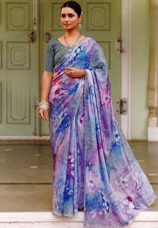 Lilac floral tissue silk saree, stonework border with contrasting blouse piece