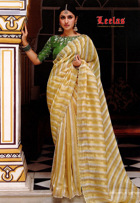 Lemon tissue silk saree, stonework border with contrasting blouse piece