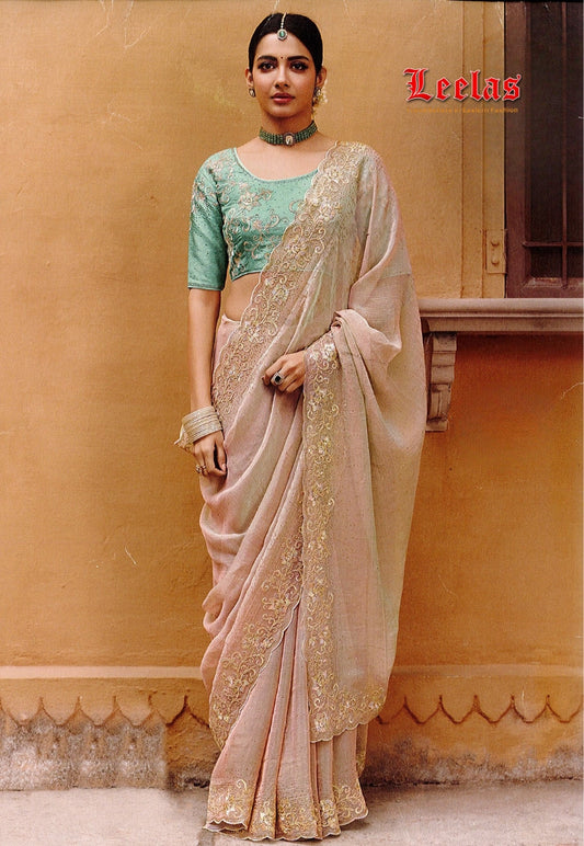 Two toned shimmer peach art silk saree, embroidered border with contrasting blouse piece