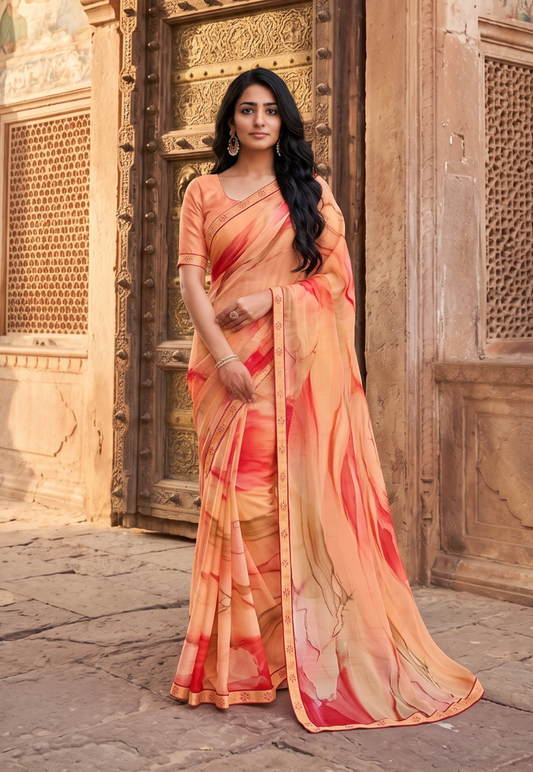 Abstract marble pattern tissue silk saree with shades of fiery orange, soft peach and cream