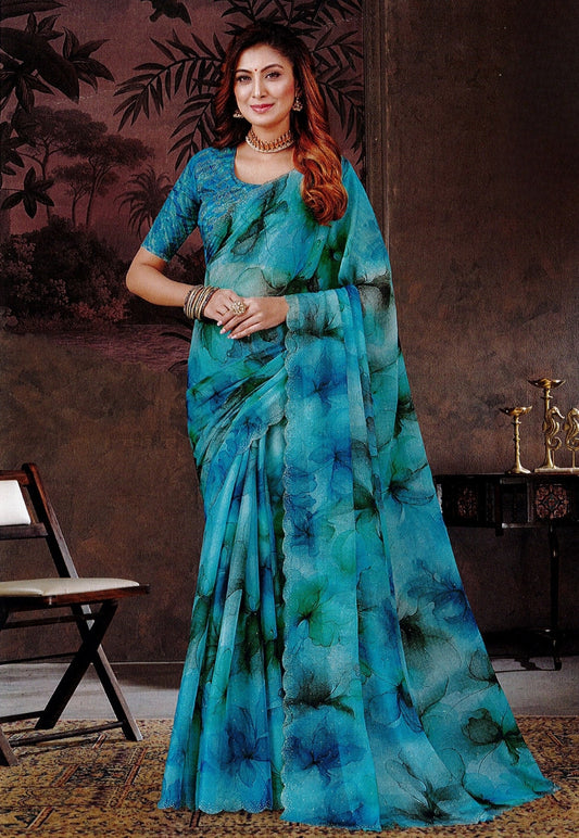 Blue floral tissue silk saree, stonework border with contrasting blouse piece