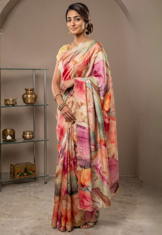 Organza saree in shades of soft pink, deep purple, terracotta and warm orange with stonework border