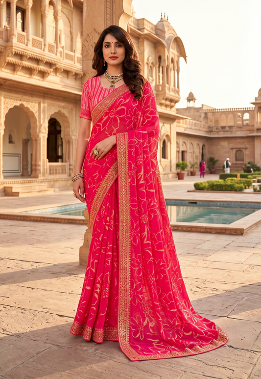 Soft pink floral georgette saree with gold sequins and embroidered border