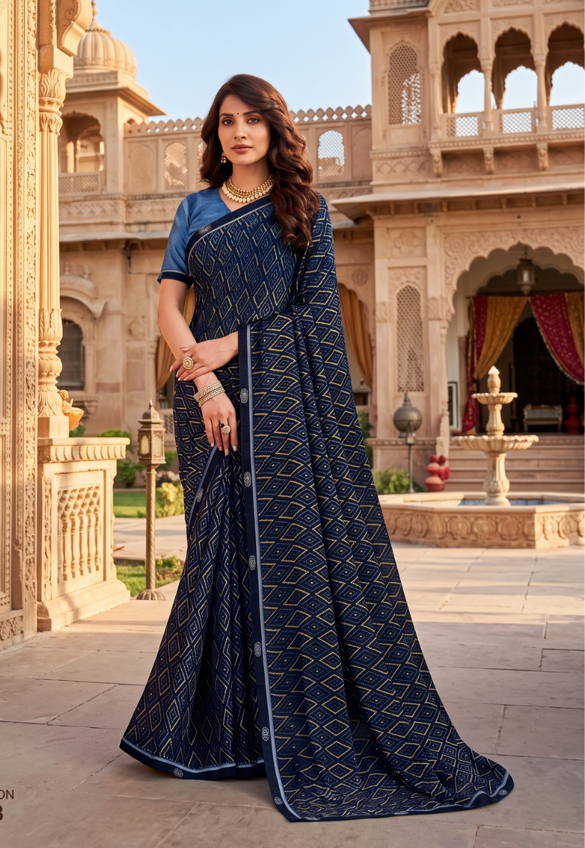 Geometric diamond pattern navy blue georgette saree