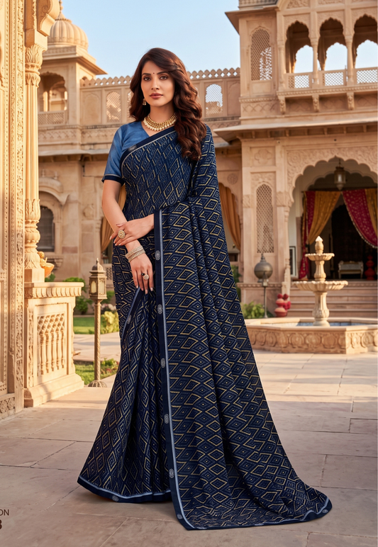 Geometric diamond pattern navy blue georgette saree