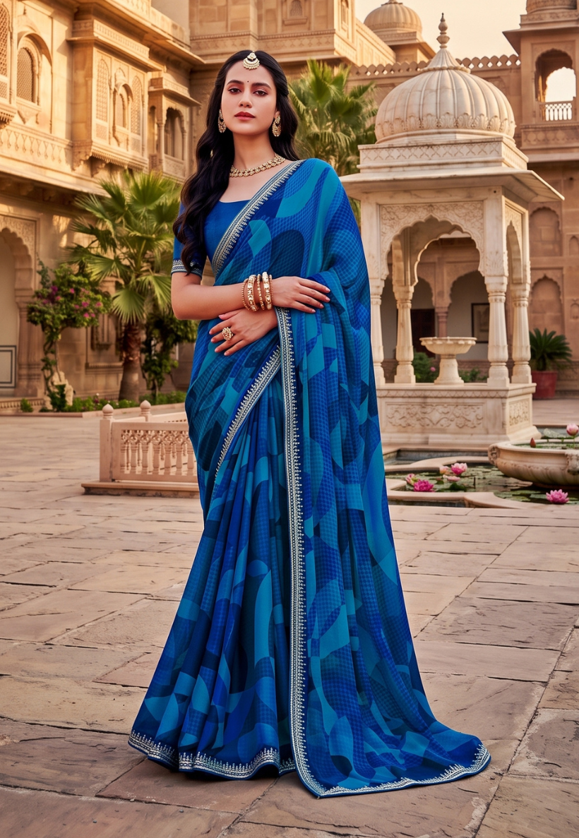 Navy, royal and teal geometric chiffon saree with sequins and embroidered border