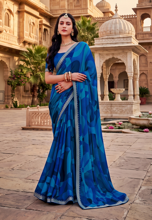 Navy, royal and teal geometric chiffon saree with sequins and embroidered border