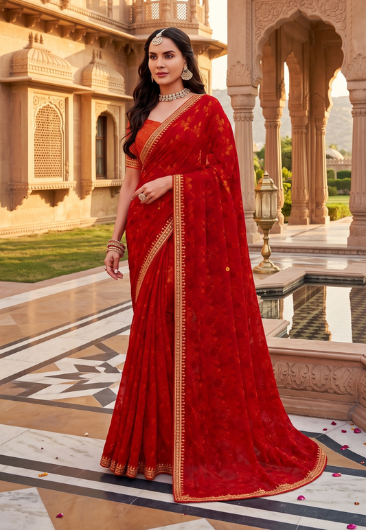 Bright orange geometric chiffon saree with sequins andembroidered border