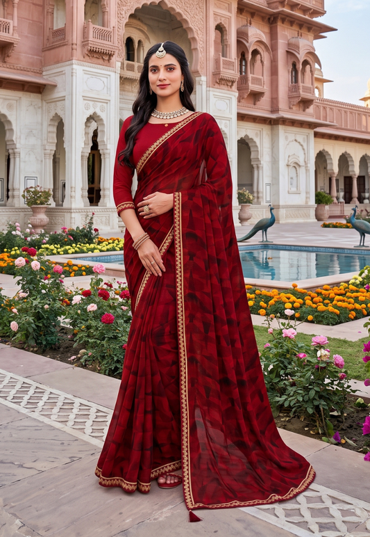 Scarlet red chiffon saree with sequins and embroidered border