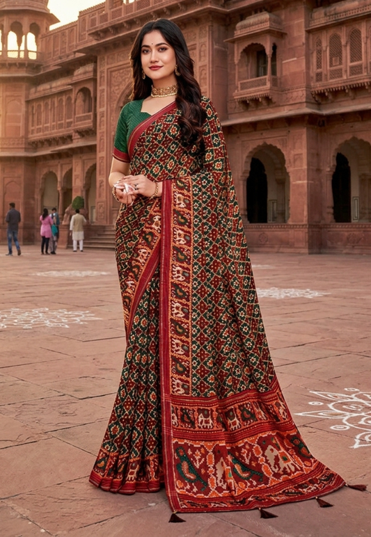 Traditional patola shamu silk saree in crimson red and teal green with stonework