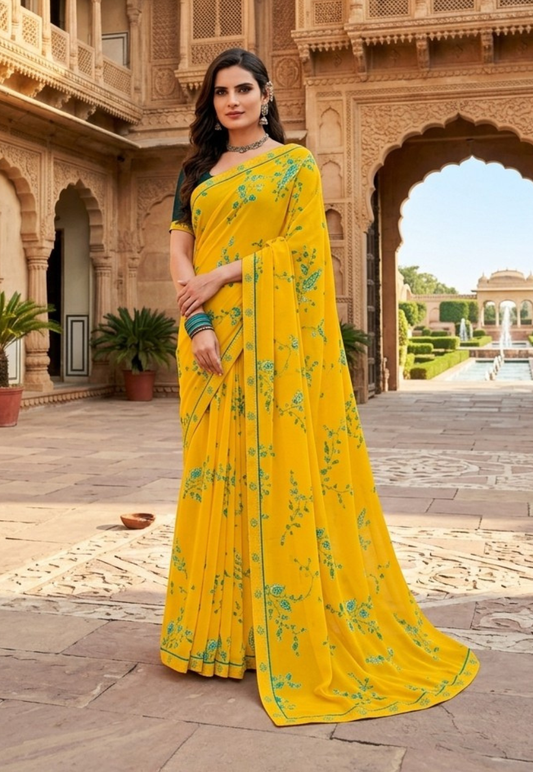Yellow and turquoise floral chiffon saree