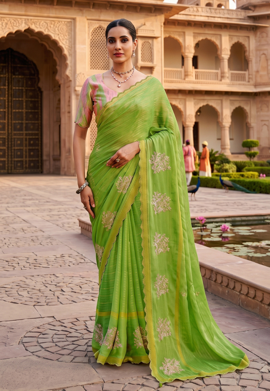 Mint green lightweight sheer chiffon saree with rhinestone border and cotton embroidery