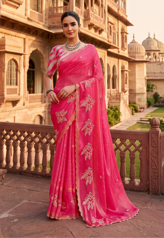 Candy pink lightweight sheer chiffon saree with rhinestone border and cotton embroidery