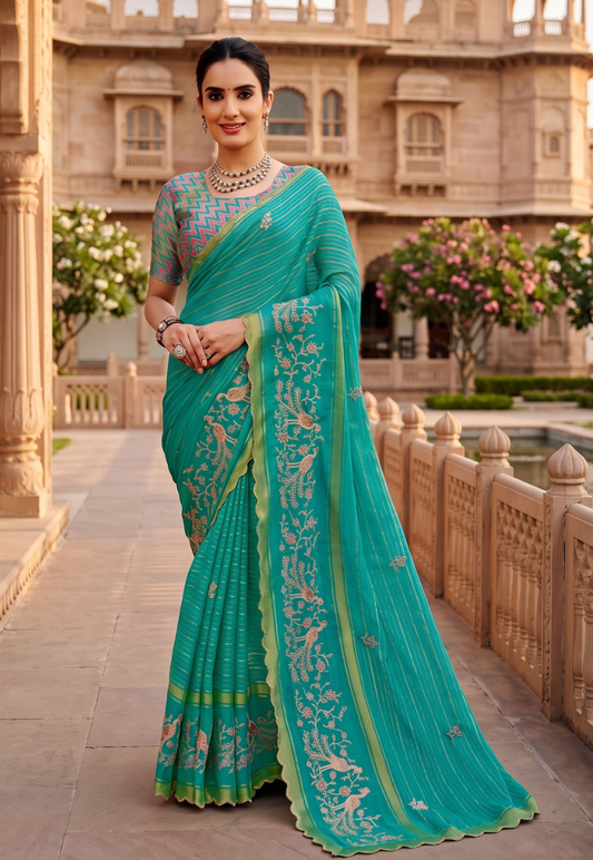 Turquoise  lightweight sheer chiffon saree with rhinestone border and cotton embroidery