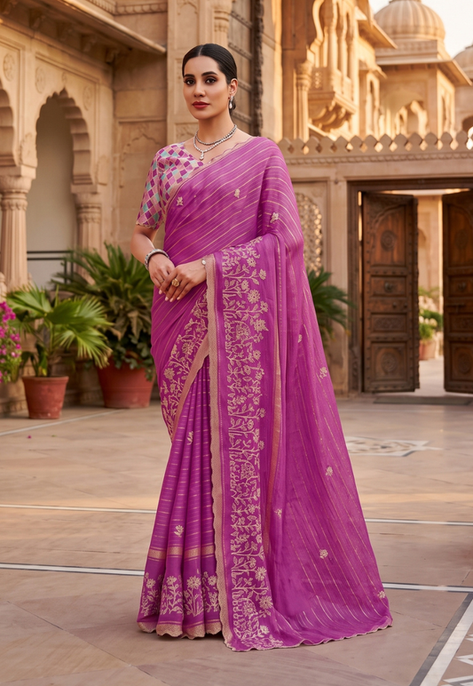 Mauve lightweight sheer chiffon saree with rhinestone border and cotton embroidery