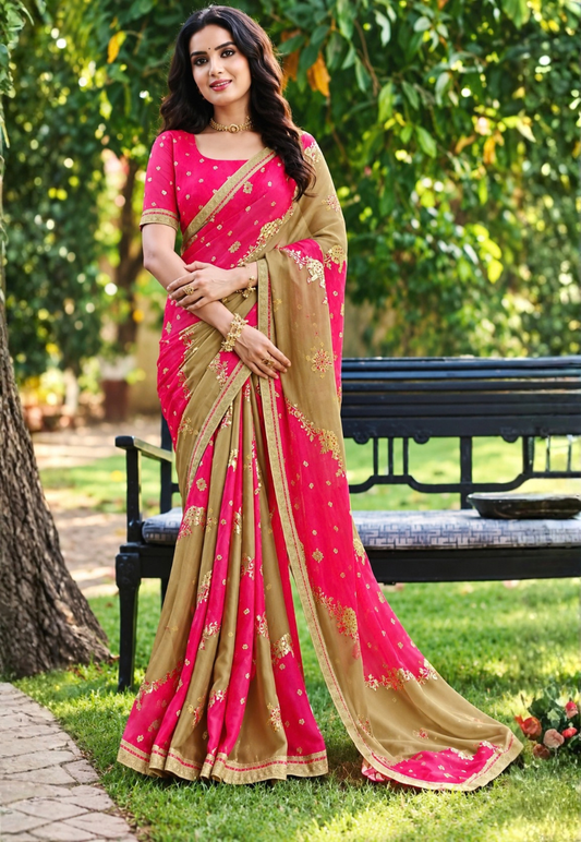 Biscuit beige and strawberry pink georgette saree