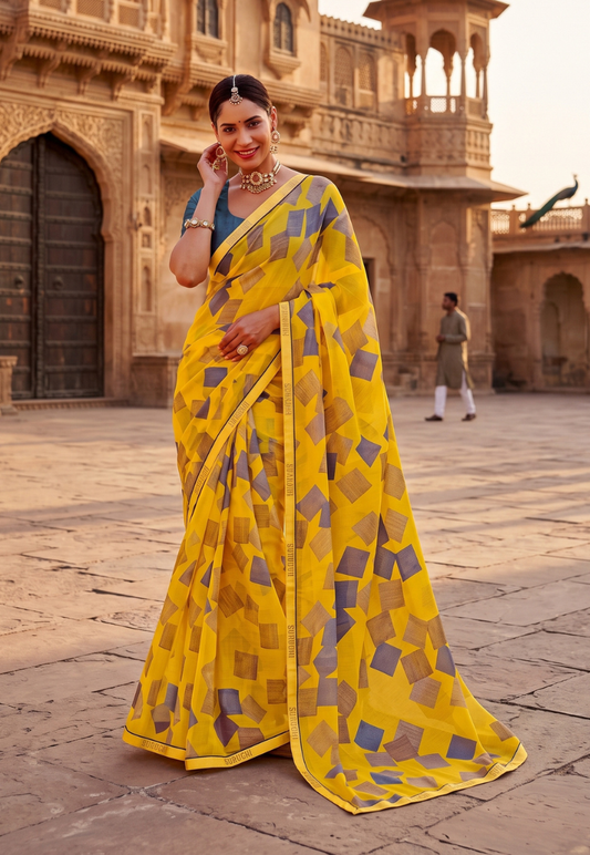 Mustard yellow and slate grey geometric pattern saree