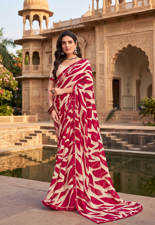 Crimson red and beige chiffon saree in soft gradient pattern