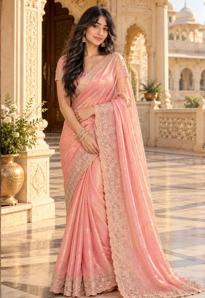 Shimmer peach tissue saree