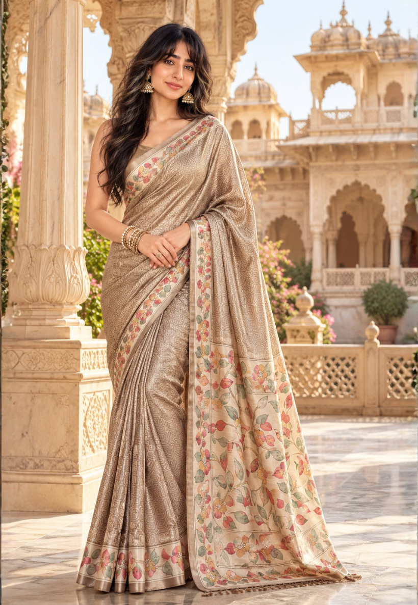 Olive brown art silk saree with floral border