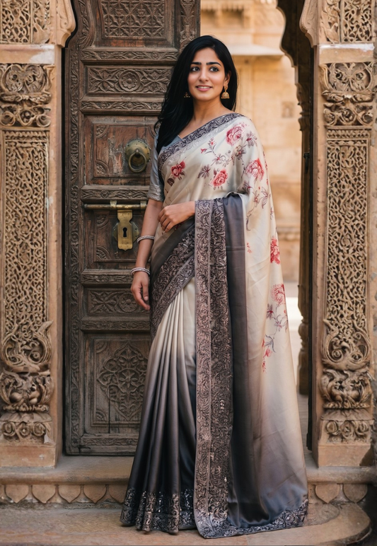 Silver, light grey and charcoal shamu silk saree with deep red floral stonework