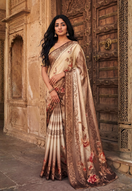 Dark brown shamu silk saree with shades of cream and mocha  floral stonework