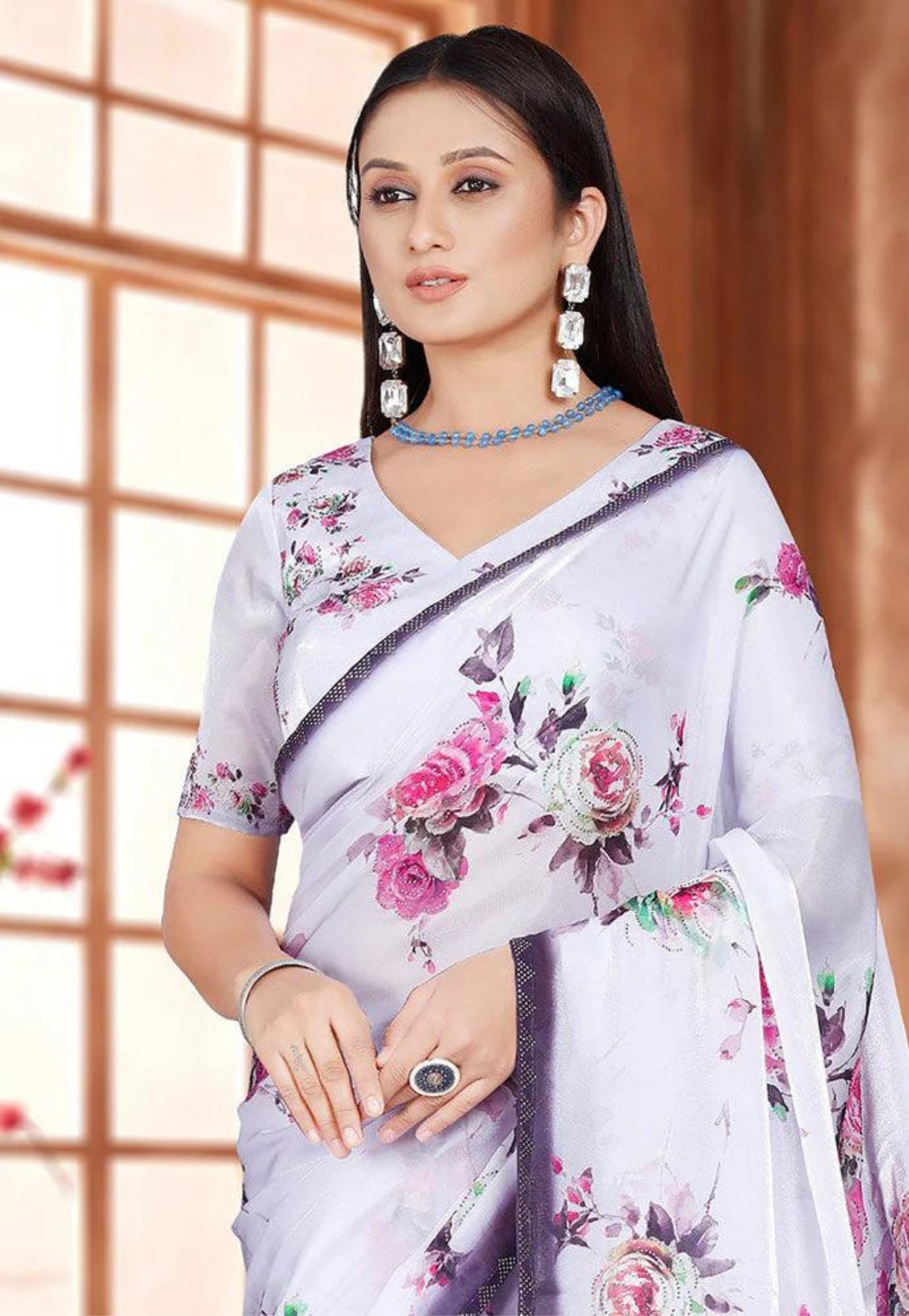 Lilac, wine, and pink chiffon floral printed with stone work saree