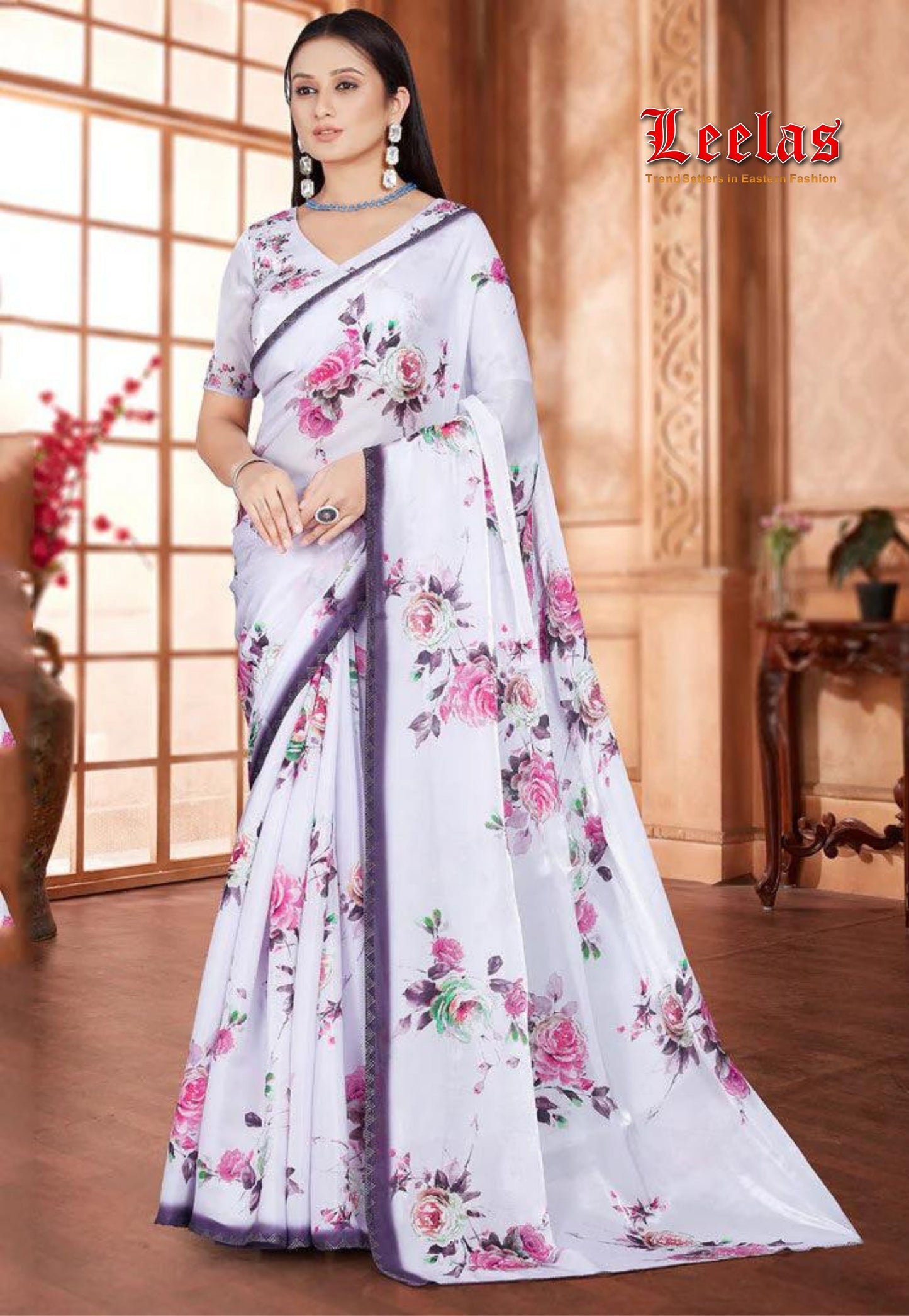 Lilac, wine, and pink chiffon floral printed with stone work saree