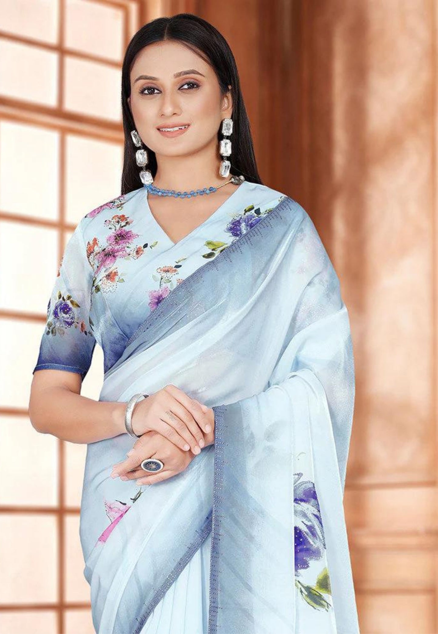 Grey and blue silk chiffon with light stone border