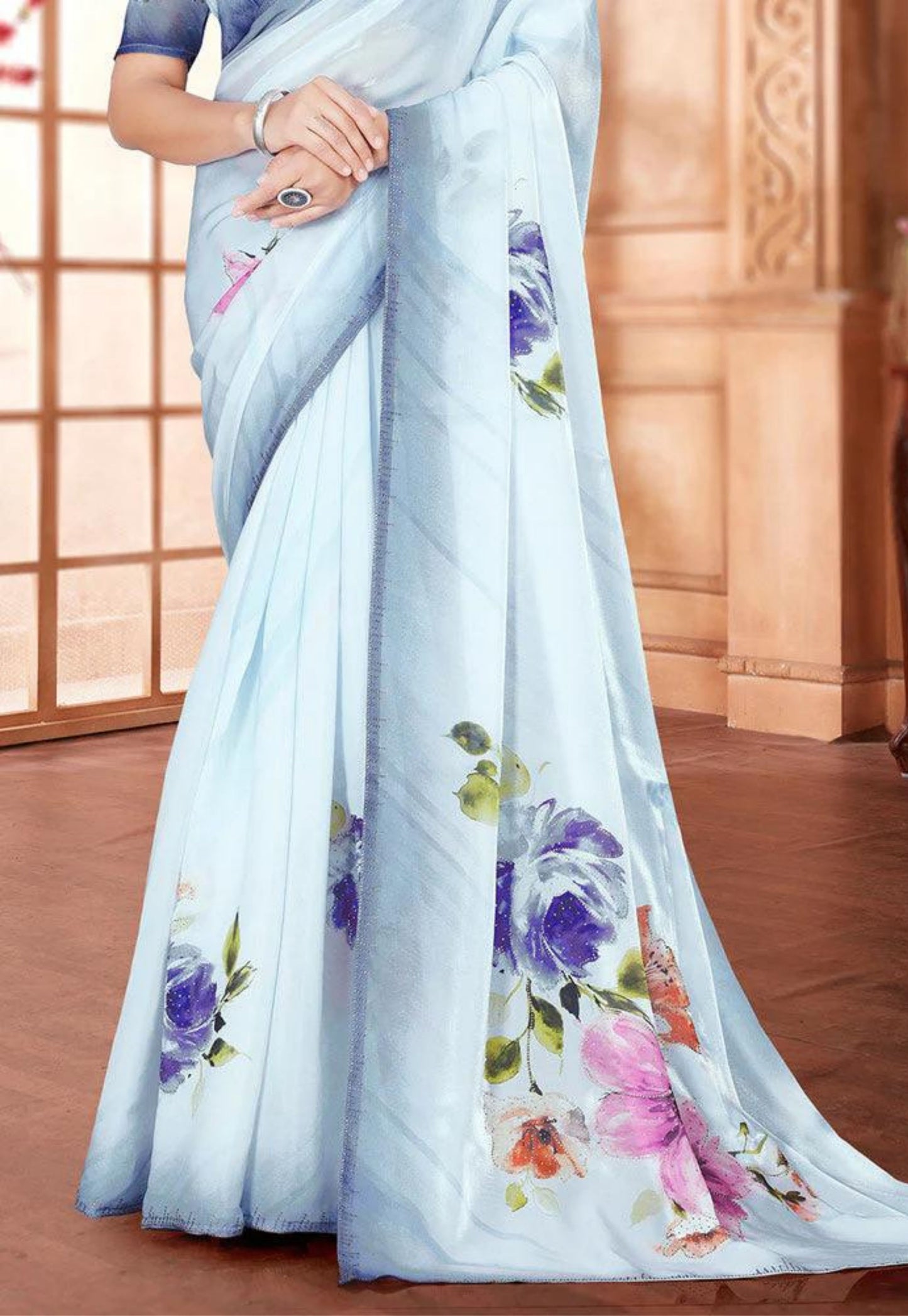 Grey and blue silk chiffon with light stone border
