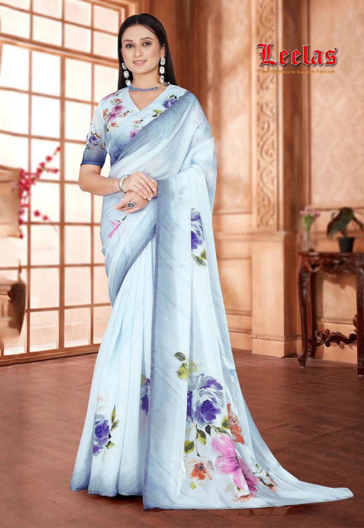 Grey and blue silk chiffon with light stone border