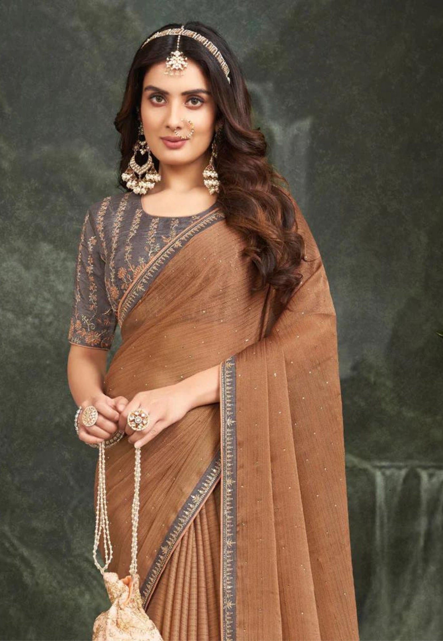 Twine brow chiffon saree with diamond work and designer zari border