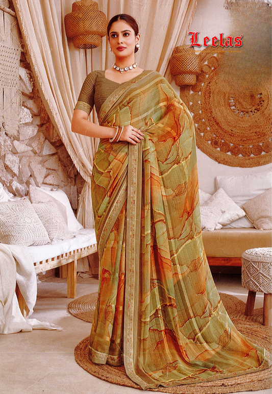 Mustard georgette saree with shades of olive and rust