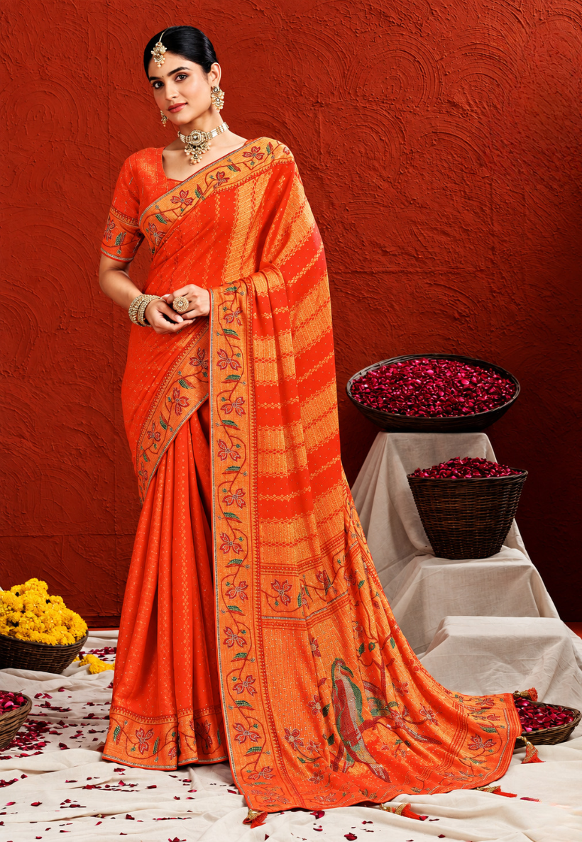 Tangerine orange and crimson red georgette stonework saree