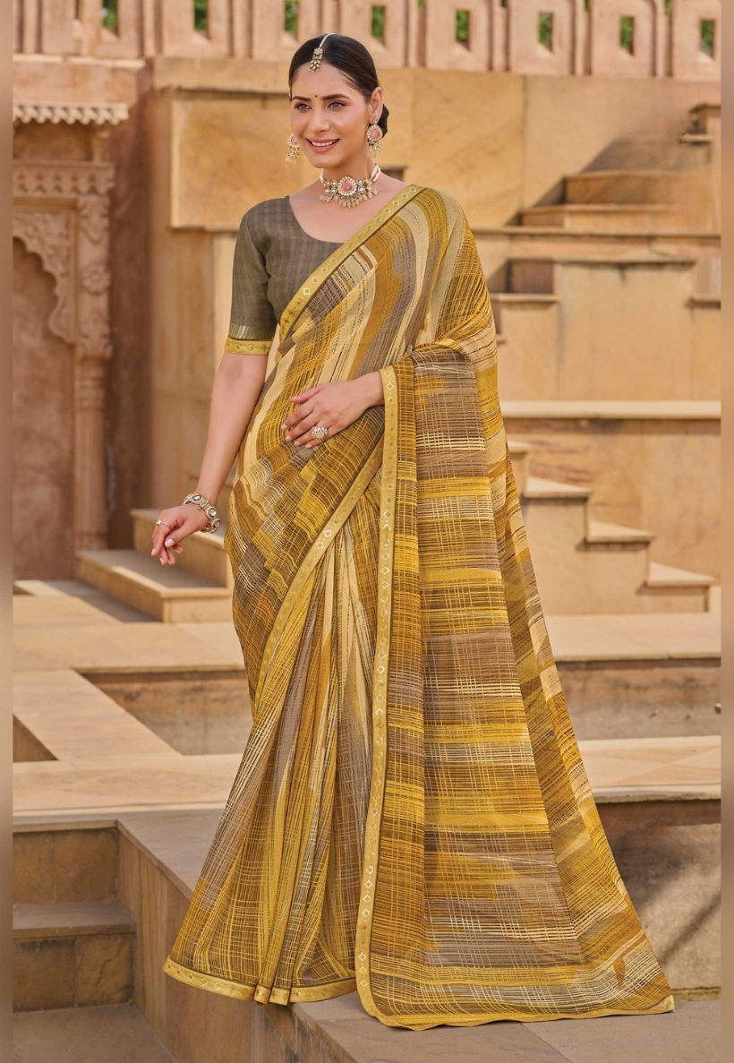 Mustard georgette saree with sequins border