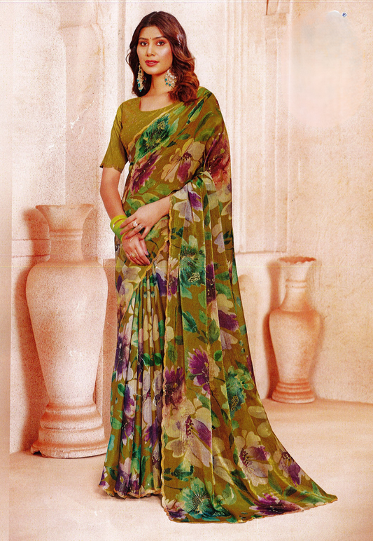 Vibrant watercolour floral saree in rich teal and seafoam green with stonework