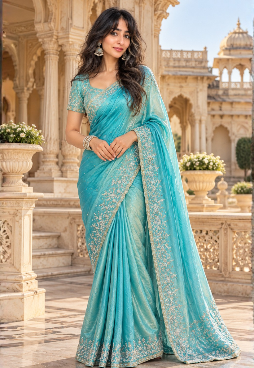Shimmer light turquoise blue tissue saree