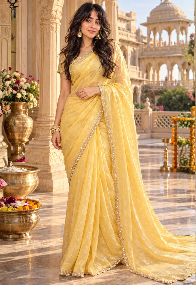 Silky canary yellow shimmer saree with bead and stonework