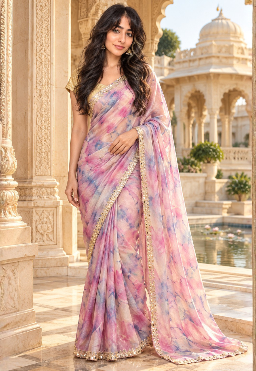 Abstract watercolour saree in baby pink and light blue with stone and mirrorwork