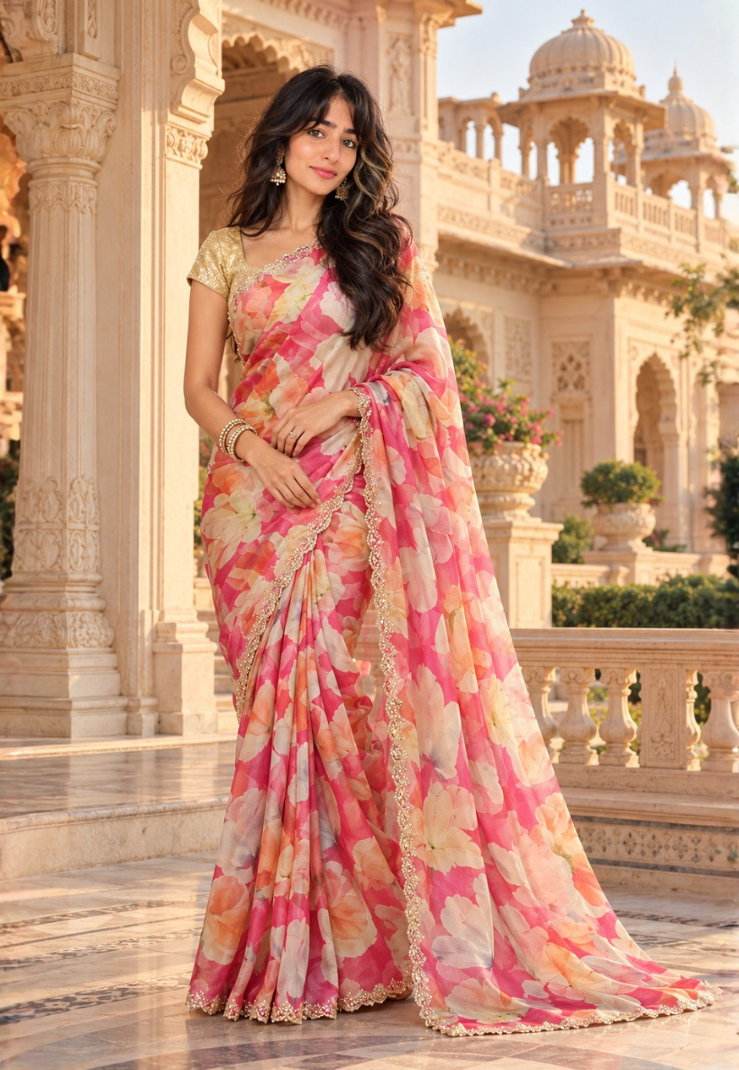 Floral saree in fuchsia pink, cream and blush pink with stonework