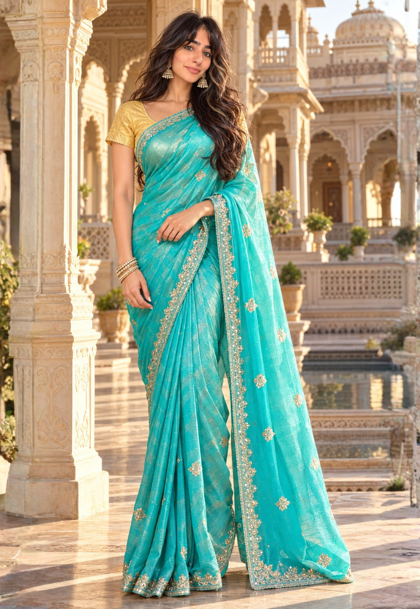 Turquoise saree with zari and stonework